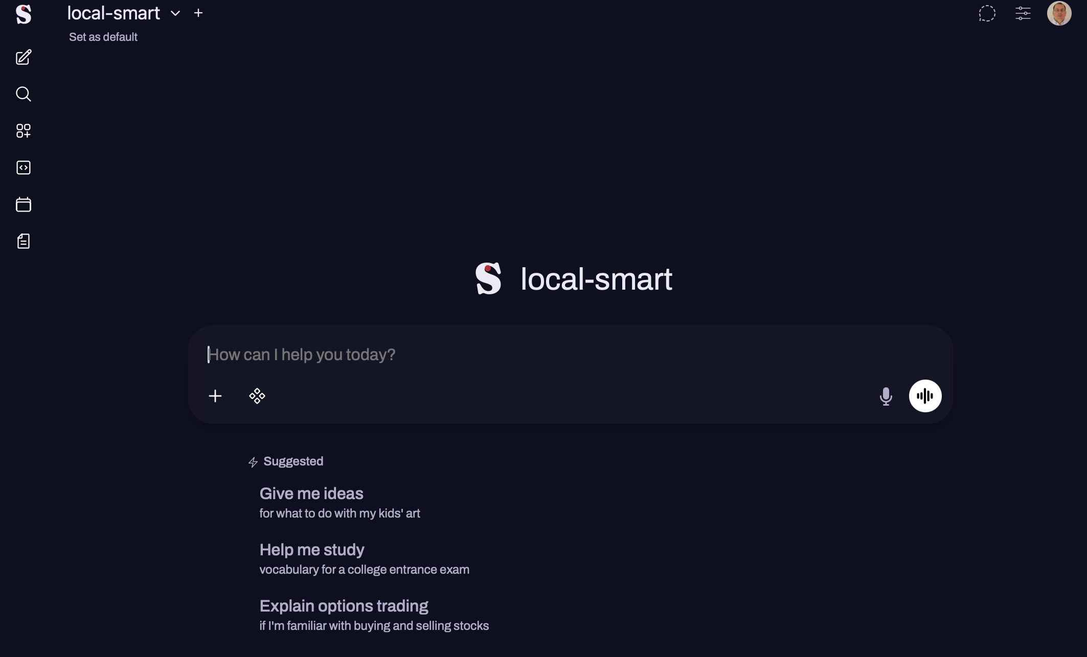 The chat interface: Open WebUI wearing the dusk theme, local-smart model selected, suggested prompts