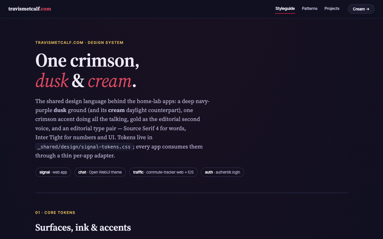 The styleguide's masthead: One crimson, dusk and cream