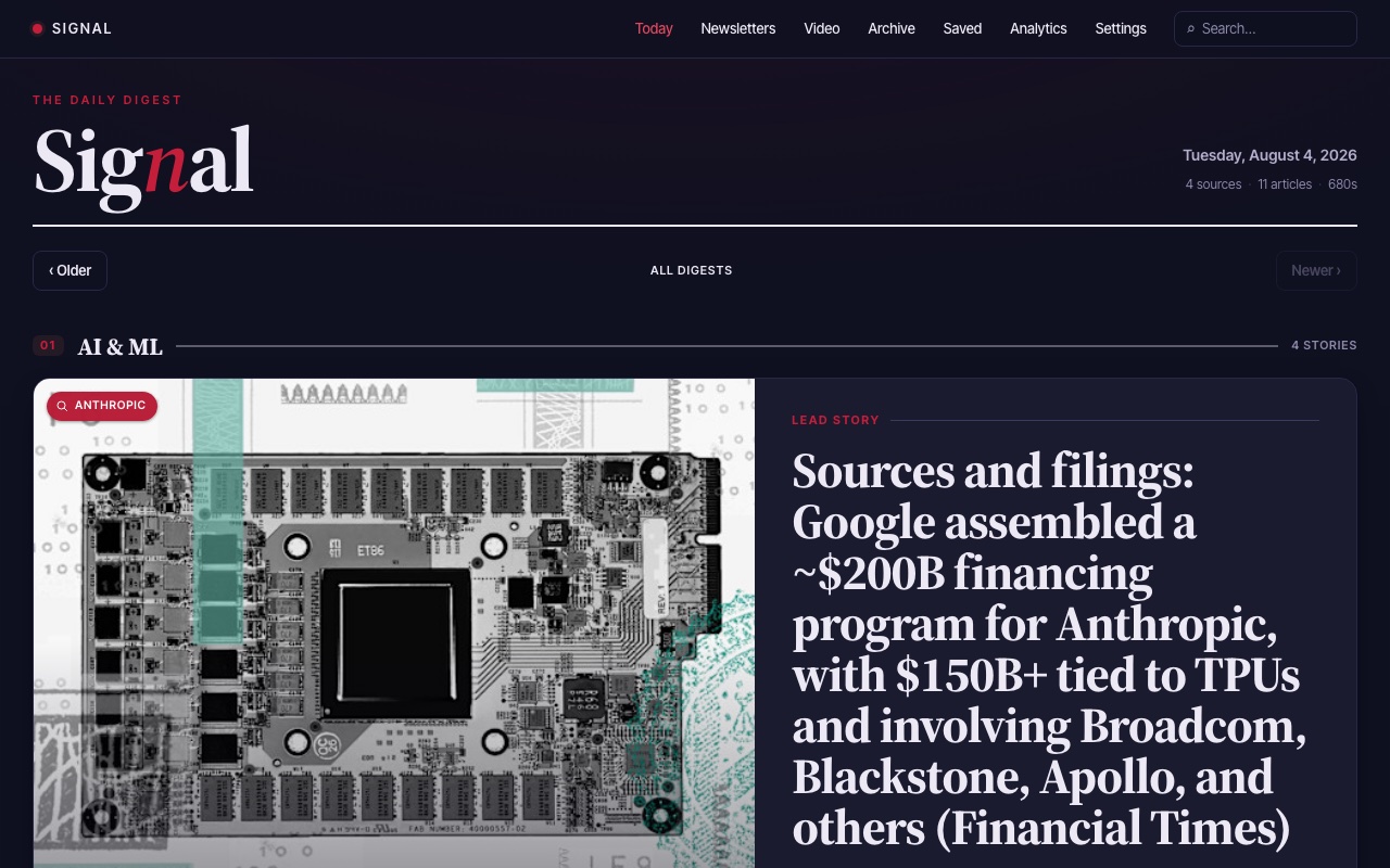 Signal's daily digest: dark editorial layout with a lead story, section structure, and source/article/read-time counts
